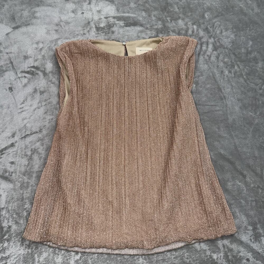 Mello Day Rose Gold Metallic Pleated Sleeveless Blouse XL Keyhole Back Top